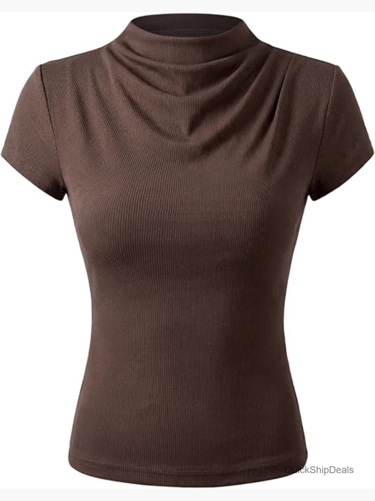 Mock Neck Short Sleeve Ribbed Knit Top - Slim Fit Ruched Tee